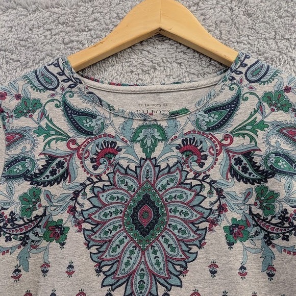 Talbots Women's The Talbot Tee Top Medium Gray Paisley Print Stretch Round Neck - Picture 2 of 9